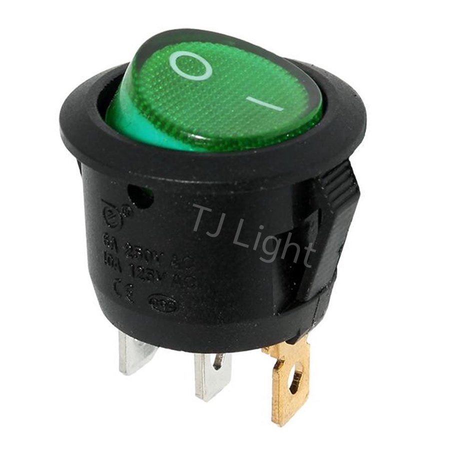 TJR สวิตซ์กระดก ไซส์มินิ กลม 20 มม. 3 ขา รุ่นมีไฟ ขนาด 6A 250V 10A 125V ร็อคเก็ต สวิตซ์ ON-OFF – เขียวมีไฟ-Rocket(G)