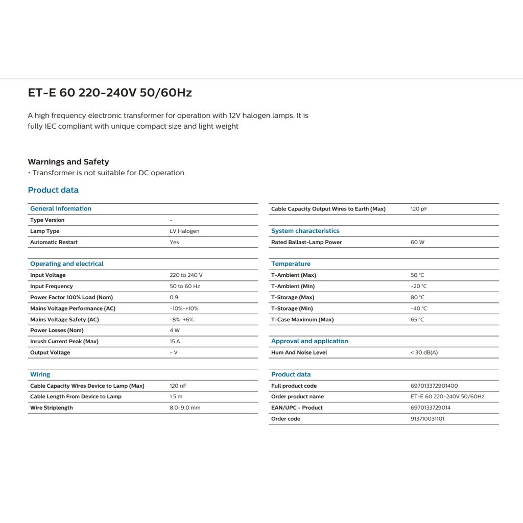 Philips บัลลาสต์ หม้อแปลง อิเล็คทรอนิกส์ สำหรับ หลอดฮาโลเจน และ LED Mr.16 ขนาด 20-50W รุ่น ET-E 60 - Image 4