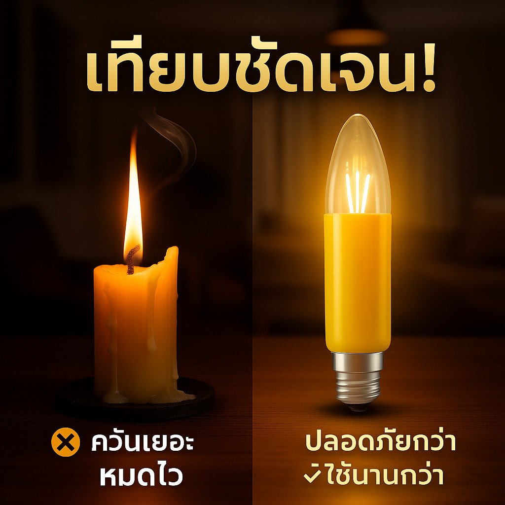 (แพ๊ค 2 ดวง) Zeazon หลอดเทียน ยาว เหลือง 15W ขั้วเขี้ยว B15 ยาว 18 CM สำหรับ ศาลเจ้า หิ้งพระ - Image 5