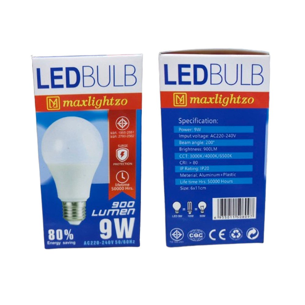 หลอดไฟ LED Maxlightzo ขั้วเกลียว E27 เลือกแสงได้ Daylight 6500K / Warm White 3000K เลือกวัตต์ได้ 5W 7W 9W 13W 15W 18W – 9W แสงขาว
