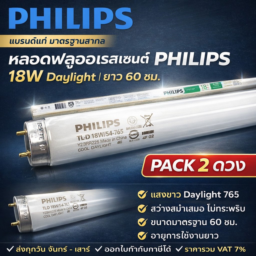 แพ็ค 2 ดวง) หลอดนีออนสั้น PHILIPS TLD 18W/54 แสง DAYLIGHT ขาวฟ้า G13 ทนทาน เหมาะกับบ้าน