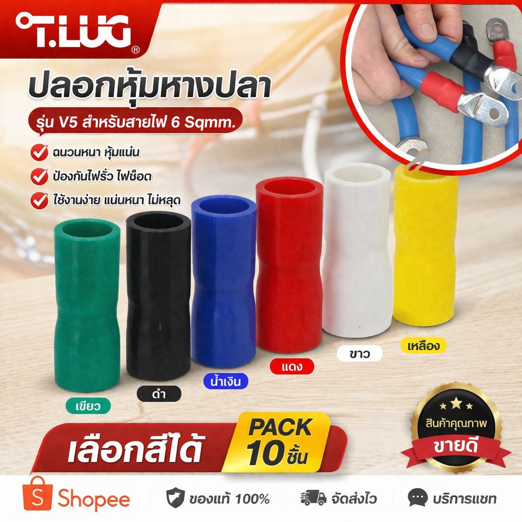 แพ็ค 10 ชิ้น)TLU ปลอกหุ้มหางปลา V-005(5.5) ใช้กับ หางปลา เบอร์ 6 (เลือกสี แดง/เหลือง/ขาว/น้ำเงิน/ดำ – V5 ขาว - 10 ชิ้น - Image 2