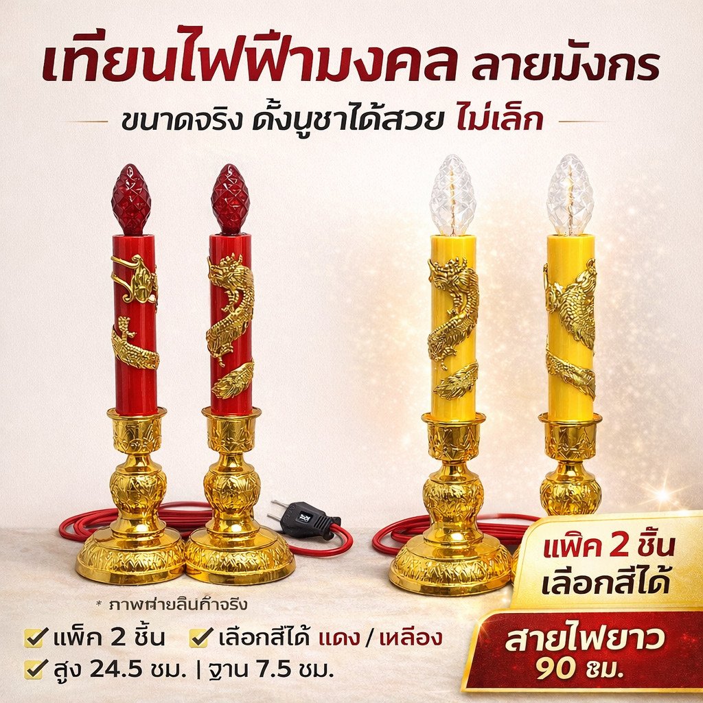 จุดชุด ลดพิเศษ⭐️ Zeazon เชิงเทียน ลายมังกร สีแดง /เหลือง พร้อมหลอดจำปา คริสตัลLED E12 สำหรับศาลเจ้า – เชิงเทียน + หลอดใส - Image 2