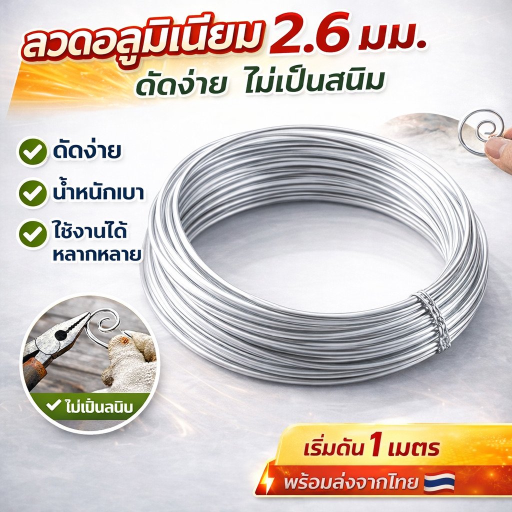 ตัดแบ่ง 1 เมตร) Ship ลวดอลูมิเนียมกลม ขนาด 2.6 mm สำหรับ งานไฟฟ้า มัดลูกถ้วย แหรกช่องทำงานศิลปะ