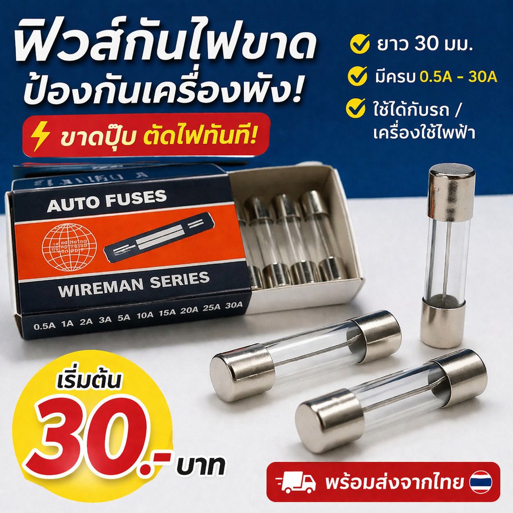 แพ็ค 10 ชิ้น) Wireman ฟิวส์หลอดแก้ว ยาว 30 มม. (เลือกขนาด A) – 10ชิ้น 30M 25A - Image 2