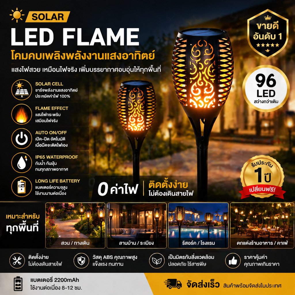 รุ่นใหม่ ไฟดวงใหญ่ โคมไฟ คบเพลิง 12/96 LED ทรงคบเพลิง เปลวไฟ เต้นรำ เสมือนจริง Solar Cell – 12 LED