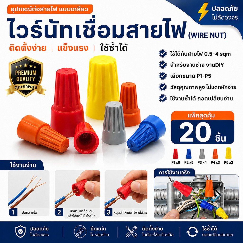 (แพ็ค 20 ชิ้น) วายนัท ปลอกต่อสายไฟ สีแดง เทา เหลือง น้ำเงิน P1–P6 สำหรับสายไฟ 0.5–4 SQMM แรงดัน 300 – P3 - ส้ม - Image 2