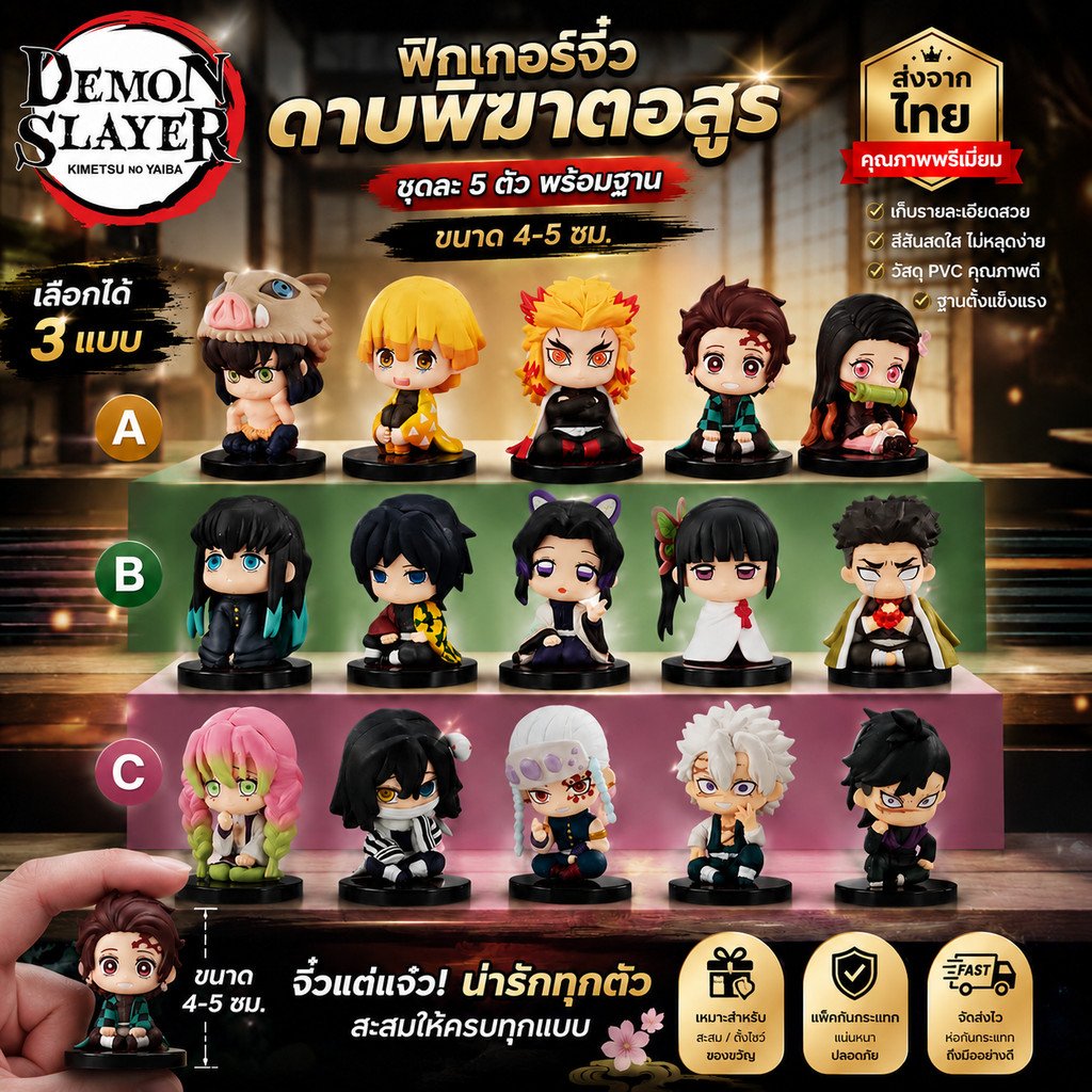 เซ็ต 5 ชิ้น) เลือกแบบ โมเดล ดาบพิฆาตอสูร ขนาด 4-5 CM มีฐานตั้ง แต่งหน้าเค้ก - Image 2