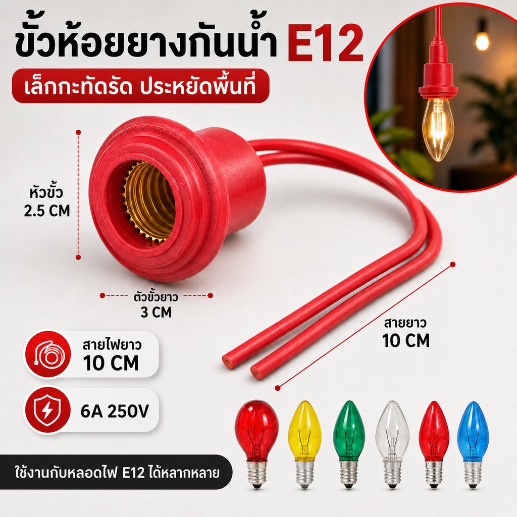 RC ขั้วห้อยยาง กันน้ำ E12 พร้อมสาย 10CM 6A 250V ขั้วหลอด ศาลเจ้า ขั้วยาง แดง ใช้กับ หลอด E12 ได้ทุกรุ่น