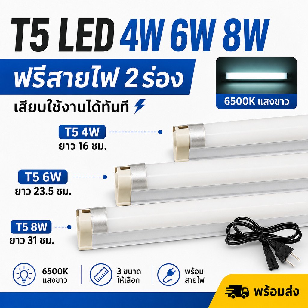 ชุด รางพร้อมหลอด นีออน T5 4W 6W 8W (เลือกแสง ขาว/วอล์ม) 220V ติดตั้งง่าย ขนาด 16 -31 ซม. – 8W - แสงขาว - Image 2