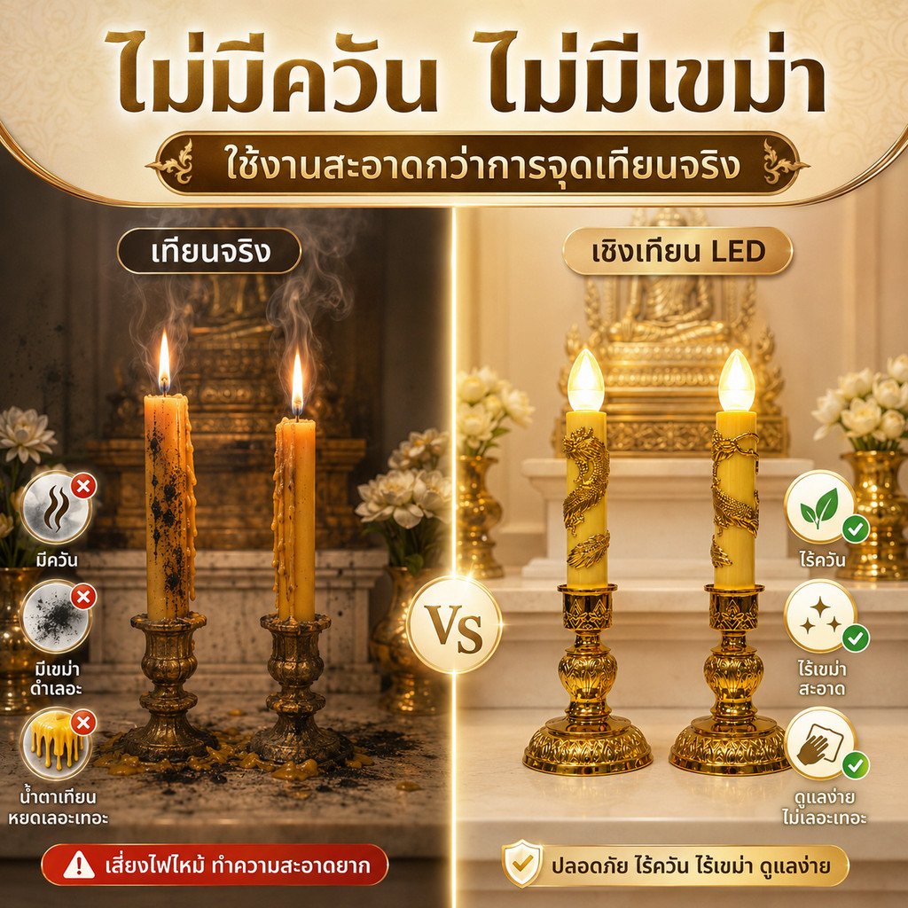 Zeazon (แพ็ค 2 ชิ้น) ชุดเชิงเทียน สีเหลือง + หลอด LED เลือกแสง ส้ม Warm หรือ ขาว เกลียว E12 ไฟตกแต่ง ศาลเจ้า หิ้งพระ – เชิงเทียน + จำปา WW - Image 4