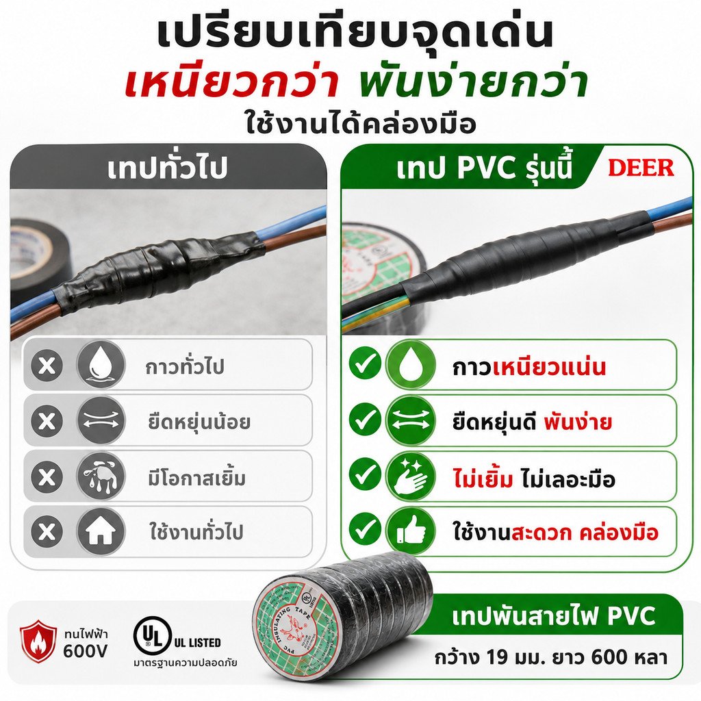 กวาง เทปพันสายไฟ PVC ตรากวาง สีดำ ม้วนใหญ่ 60 หลา 55 เมตร กว้าง 3/4 นิ้ว เทปไฟฟ้า เทปพันสายไฟ ทนแรงดัน 600V - Image 4