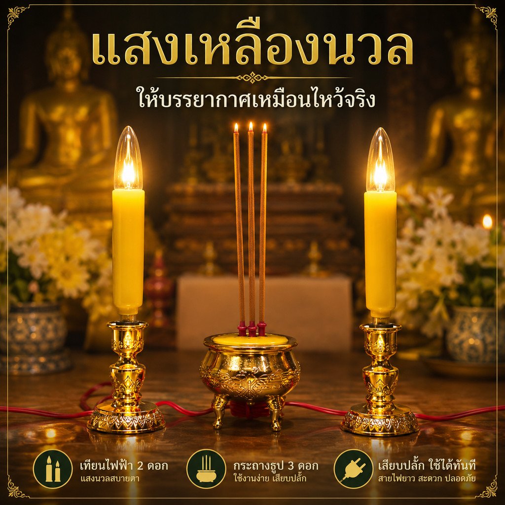 Superlamp (แพ็ค 2 ชิ้น) ชุด เชิงเทียน ไฟฟ้า ขั้วเขี้ยว B15 พร้อม เทียน ยาว เหลือง 15W 220V - Image 7