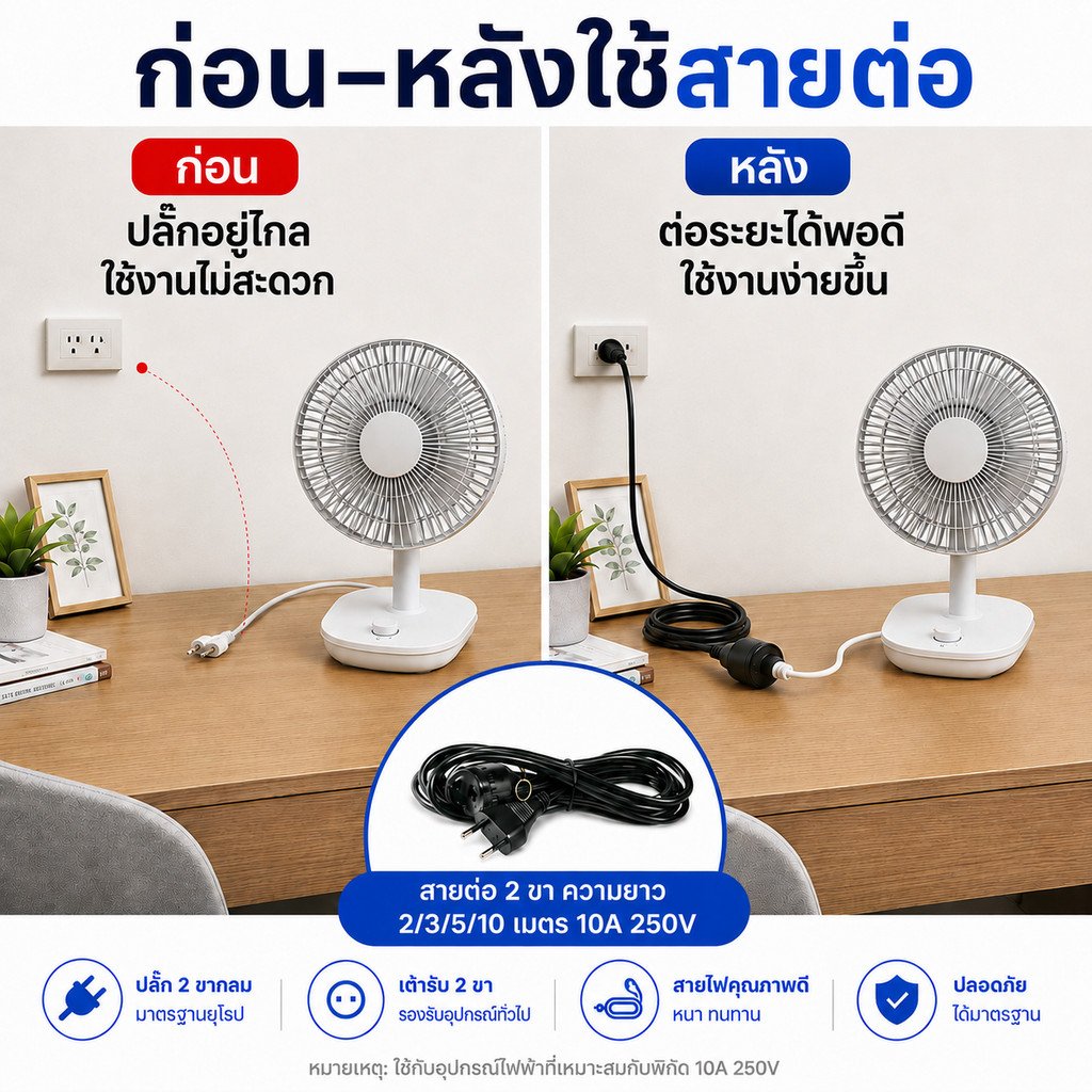 ชุดสายไฟพ่วง เต้ารับ 2 ขา 10A สายยาว 2-10 เมตร VKF 2*0.5 Sqmm ปลั๊กพ่วงไฟบ้าน – 2 เมตร - Image 7