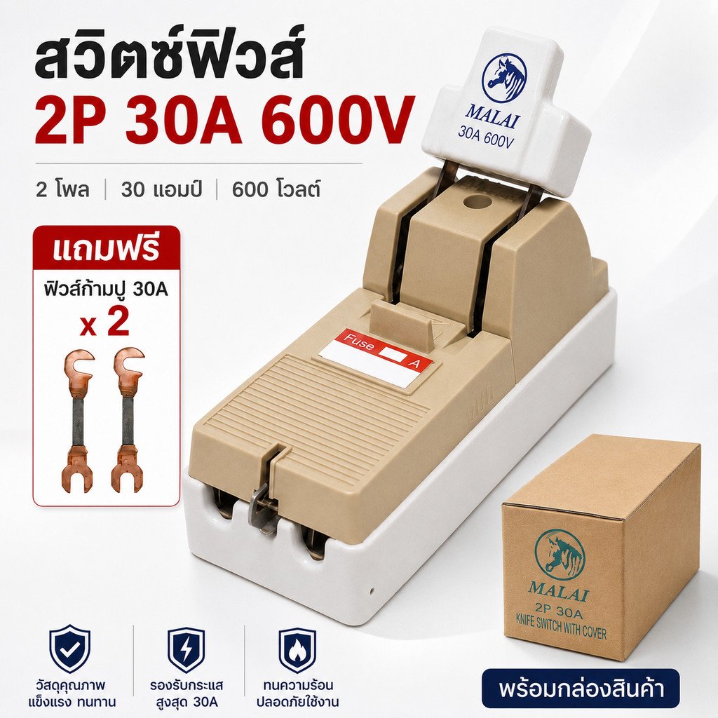 Malai คัทเอาท์ไฟฟ้า 2P 30A 600V พร้อมฟิวส์ก้ามปู 2 ชิ้น ติดตั้งง่าย ทนความร้อน เหมาะกับบ้าน - Image 2