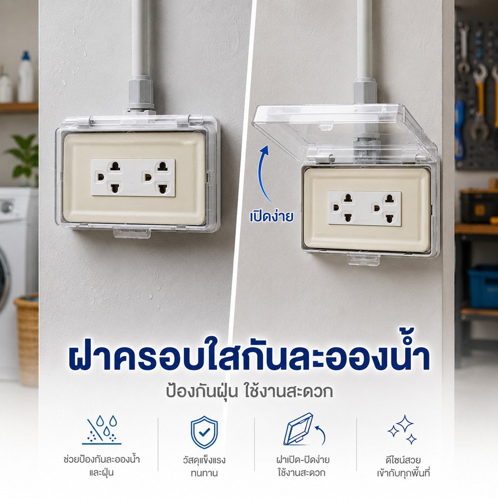 Nasaki ชุด กล่องกันน้ำ ฝาใส พร้อมฝา 2 ช่อง และ ปลั๊กกราวน์คู่ กันฝน กันฝุ่น ใช้งานภายนอกได้ – 1สวิตส์ - Image 6