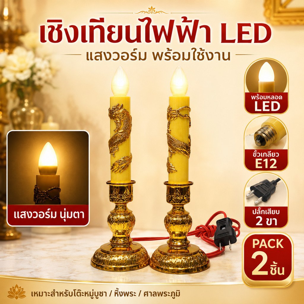 Zeazon (แพ็ค 2 ชิ้น) ชุดเชิงเทียน สีเหลือง + หลอด LED เลือกแสง ส้ม Warm หรือ ขาว เกลียว E12 ไฟตกแต่ง ศาลเจ้า หิ้งพระ – เชิงเทียน + จำปา WW - Image 2