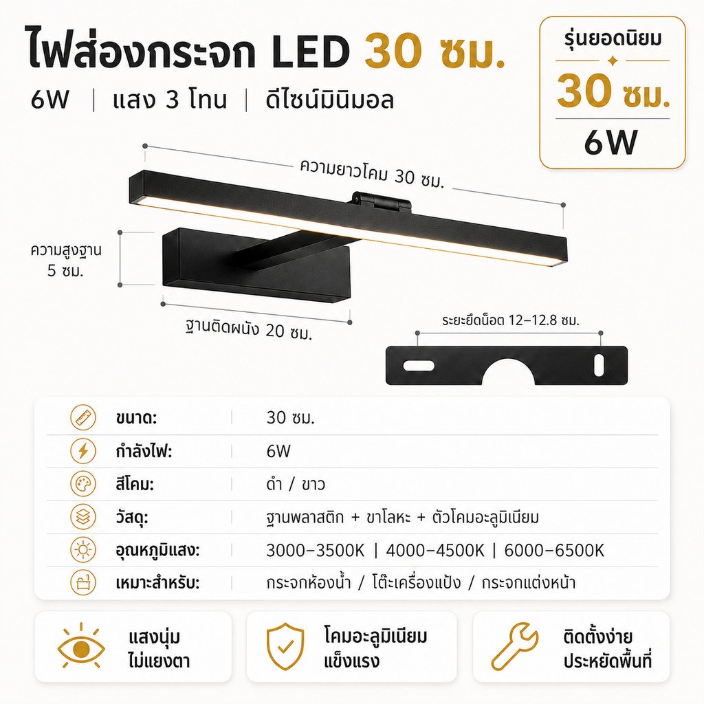 โคมไฟติดผนัง LED Nordic ปรับมุมได้ 330° 30cm เลือกได้ 3แสง แสงขาว ไฟกระจก ห้องน้ำ ห้องนอน Modern Wall Lamp – แสงวอล์ม - Image 7