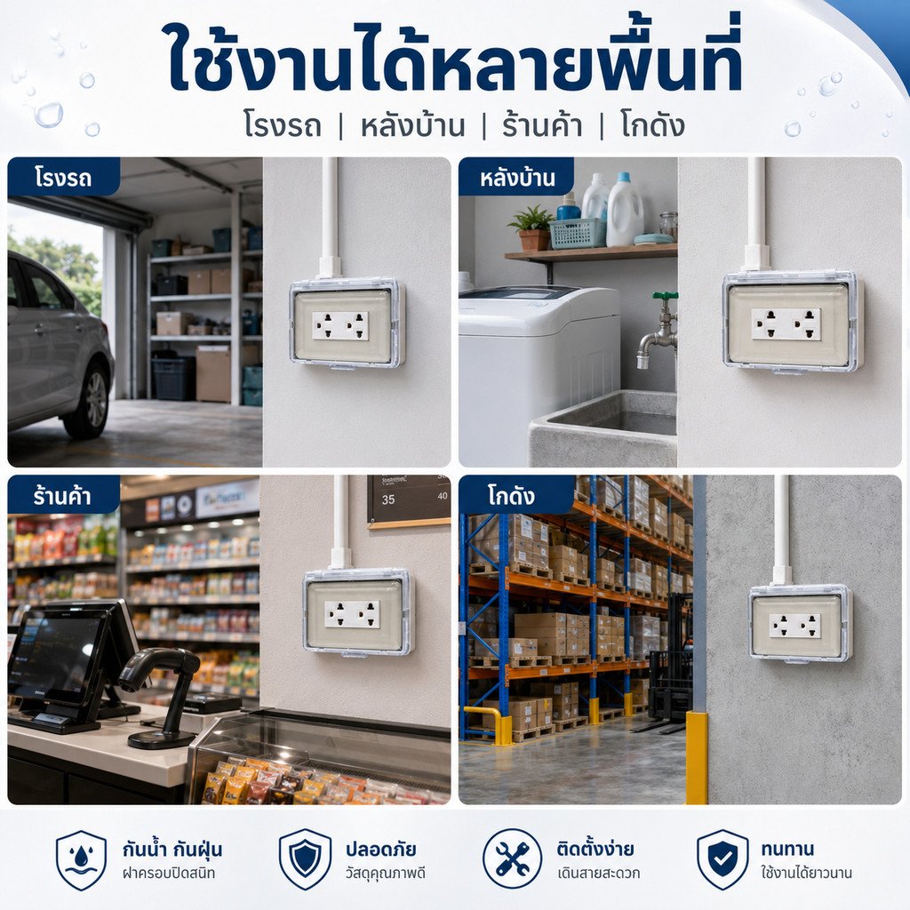 Nasaki ชุด กล่องกันน้ำ ฝาใส พร้อมฝา 2 ช่อง และ ปลั๊กกราวน์คู่ กันฝน กันฝุ่น ใช้งานภายนอกได้ – 1สวิตส์ - Image 7