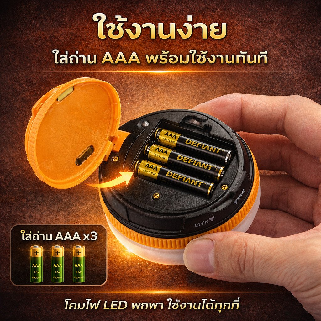 โคมไฟ LED แคมป์ปิ้ง รุ่น LY-YD2 แบบพกพา 180 ลูเมน | ไฟแขวนเต็นท์พร้อมตะขอ ปรับความสว่างได้ 5 ระดับ ใช้ถ่าน AAA 3 ก้อน - Image 5