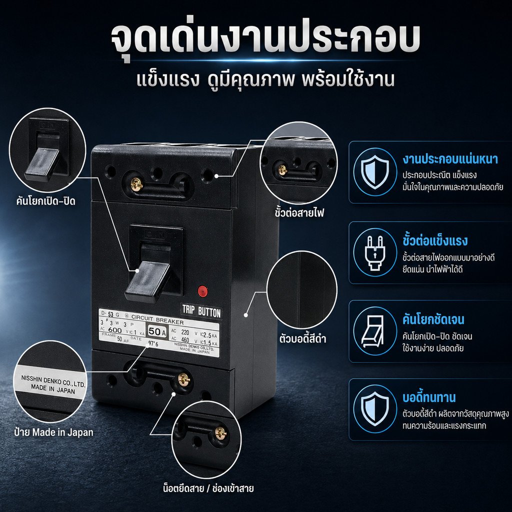Nisshin Denko เบรกเกอร์ไฟฟ้า Circuit Breaker MCCB 2P 10A / 3P 40A / 3P 50A AC220/250V AC600V ผลิตในญี่ปุ่น – 3P 40A - Image 4