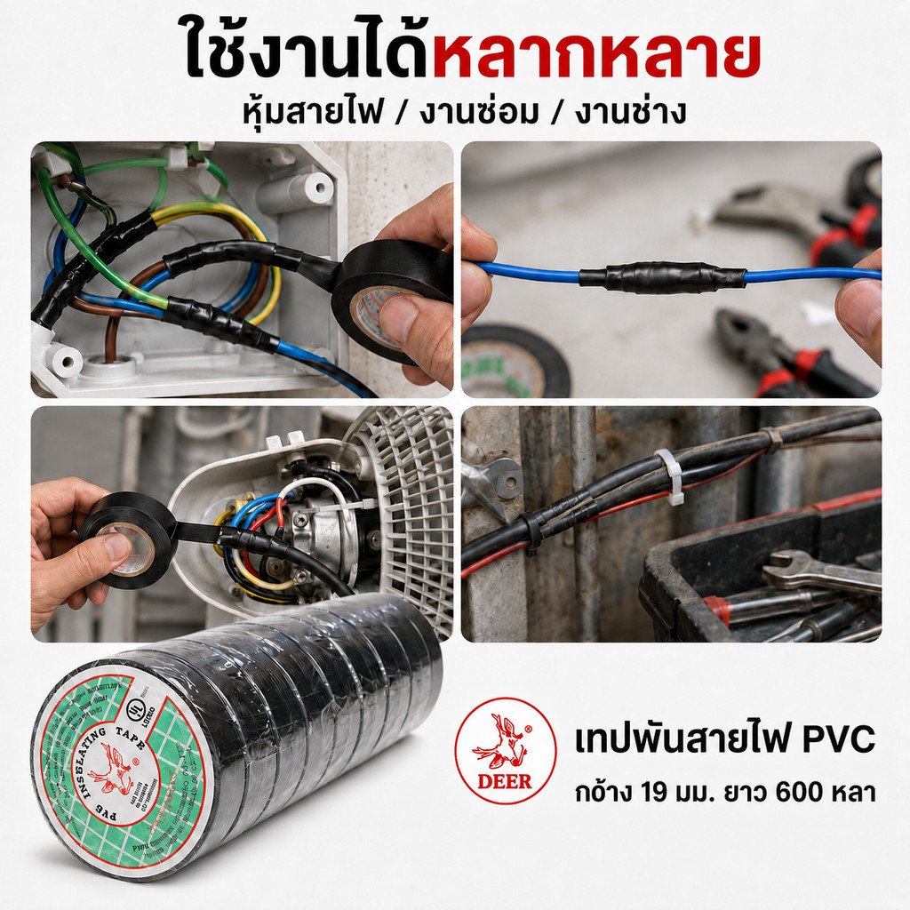 กวาง เทปพันสายไฟ PVC ตรากวาง สีดำ ม้วนใหญ่ 60 หลา 55 เมตร กว้าง 3/4 นิ้ว เทปไฟฟ้า เทปพันสายไฟ ทนแรงดัน 600V - Image 6