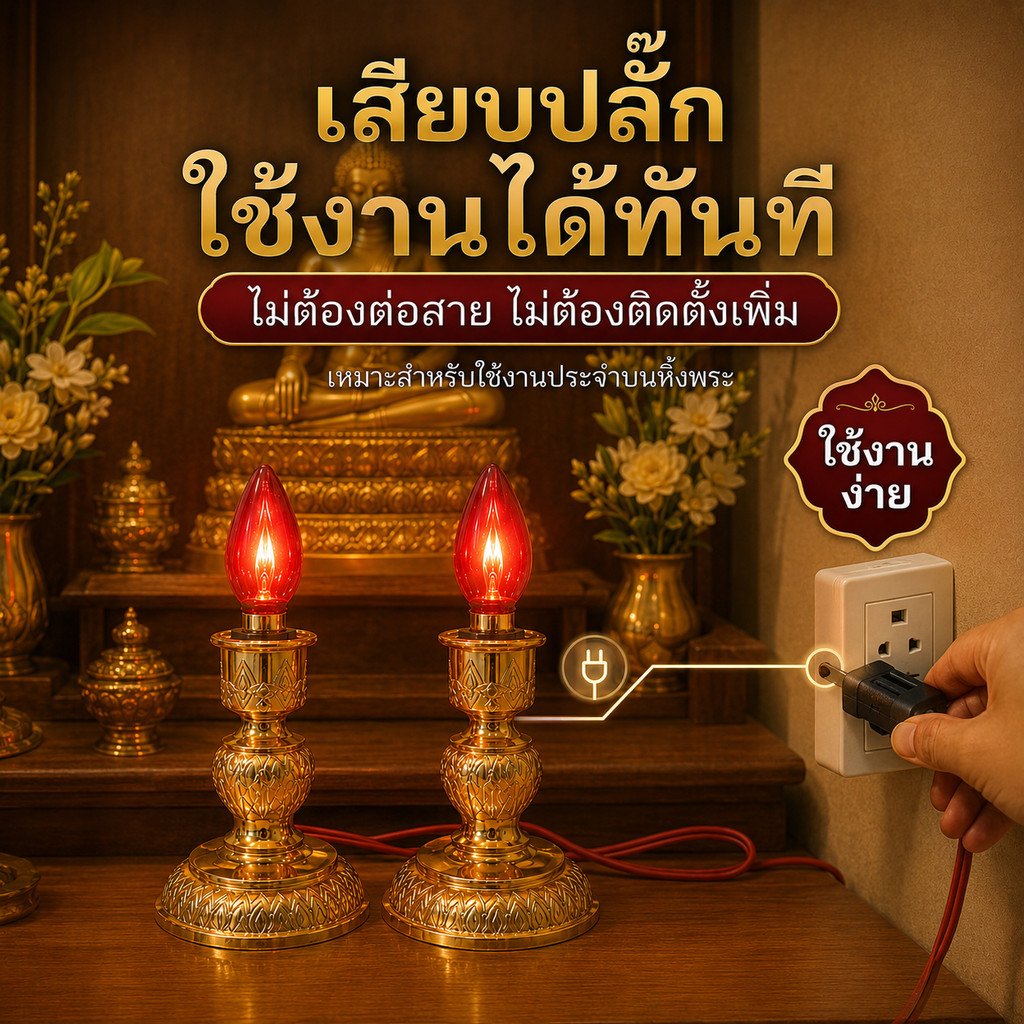 Zeazon ชุด เชิงเทียน ไฟฟ้า พร้อม หลอดจำปา แดง ใส 10W x 2 ดวง สำหรับ ตกแต่งศาลเจ้า หิ้งพระ เสียบปลั - Image 3