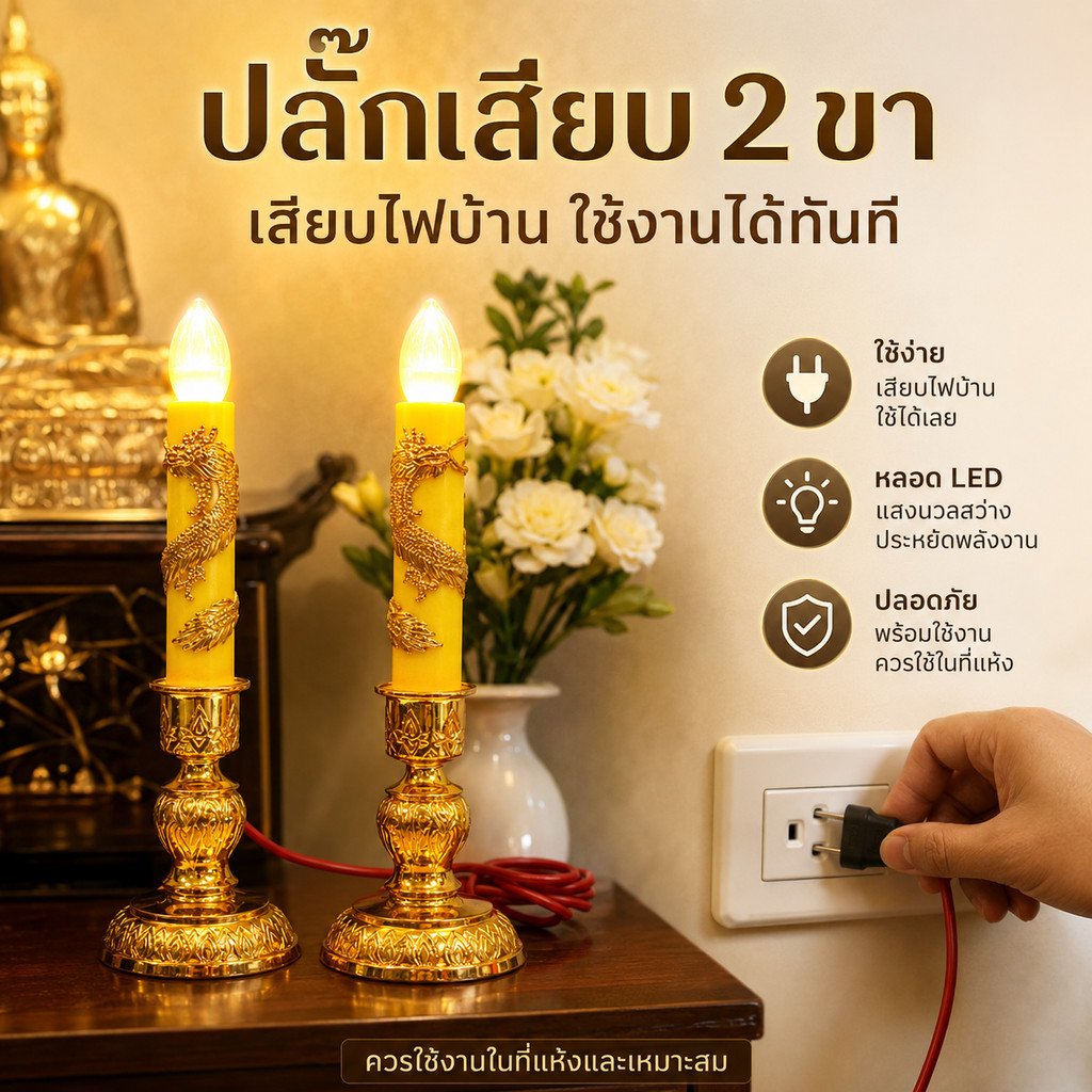 Zeazon (แพ็ค 2 ชิ้น) ชุดเชิงเทียน สีเหลือง + หลอด LED เลือกแสง ส้ม Warm หรือ ขาว เกลียว E12 ไฟตกแต่ง ศาลเจ้า หิ้งพระ – เชิงเทียน + จำปา WW - Image 6