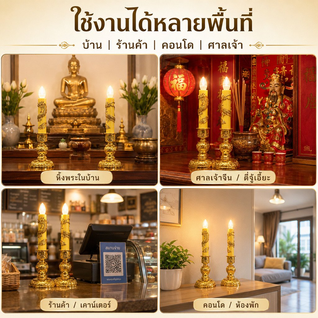 Zeazon (แพ็ค 2 ชิ้น) ชุดเชิงเทียน สีเหลือง + หลอด LED เลือกแสง ส้ม Warm หรือ ขาว เกลียว E12 ไฟตกแต่ง ศาลเจ้า หิ้งพระ – เชิงเทียน + จำปา WW - Image 9