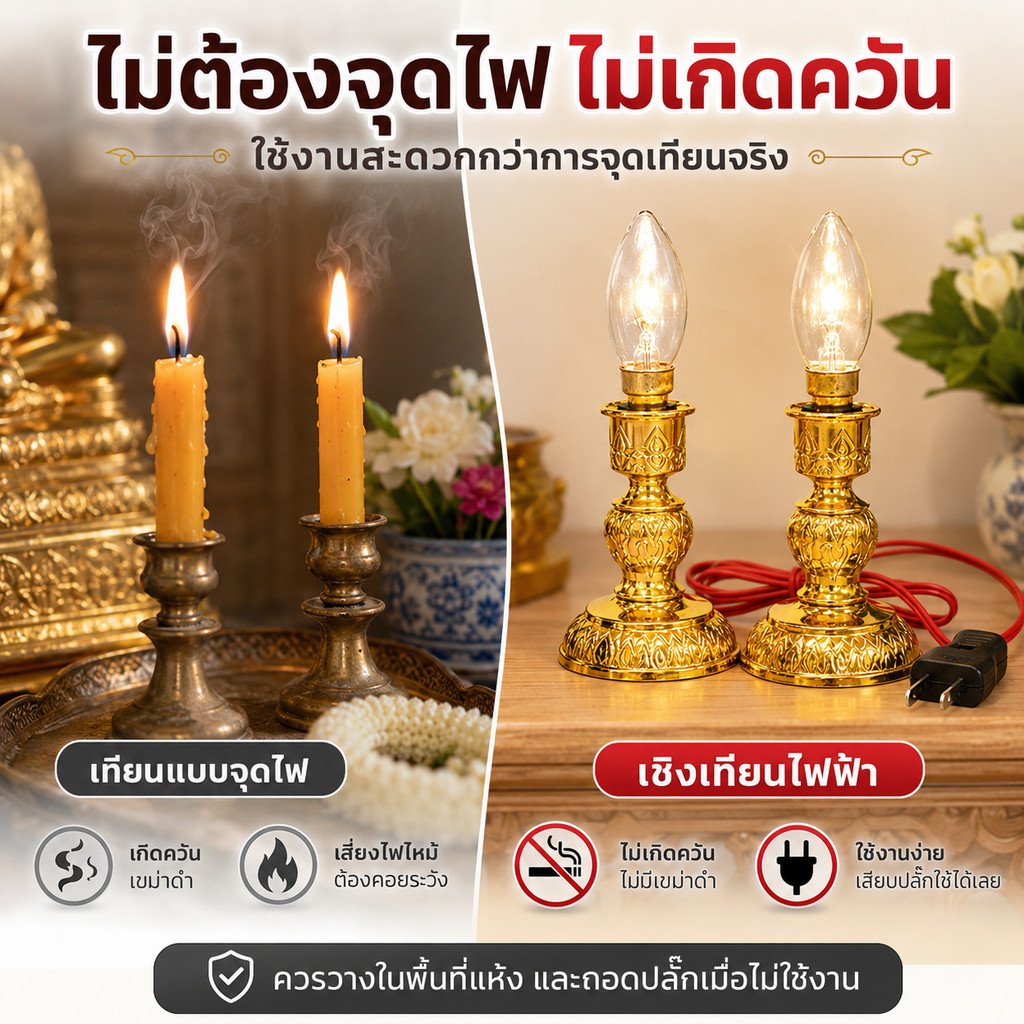 แพ็ค 2 ชิ้น)เชิงเทียนไฟฟ้า 10W B15 พร้อมหลอดจำปาใส สายไฟยาว 1 เมตร ใช้ไฟบ้าน 220V โคมไฟเทียนไฟฟ้า หิ้งพระ ไหว้พระ บูชา - Image 4