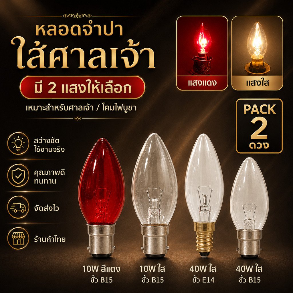 ✨ (แพ็ค 2 ) Zeazon หลอดจำปา 10W / 40W ขั้ว E14/B15 สำหรับศาลเจ้า หิ้งพระ เชิงเทียนไฟฟ้า ไม่มีควัน ใช้แทนเ – 10W แดงใส B15 - Image 2