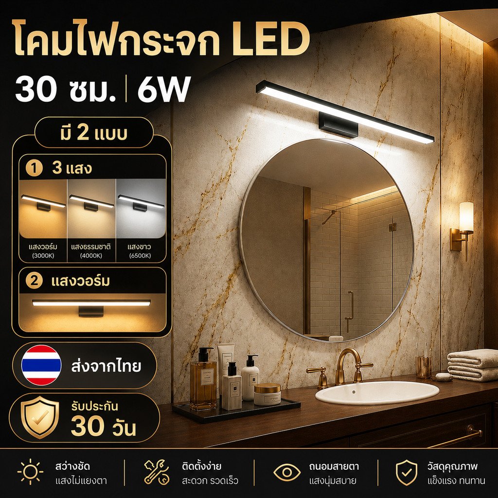 โคมไฟติดผนัง LED Nordic ปรับมุมได้ 330° 30cm เลือกได้ 3แสง แสงขาว ไฟกระจก ห้องน้ำ ห้องนอน Modern Wall Lamp – แสงวอล์ม - Image 2