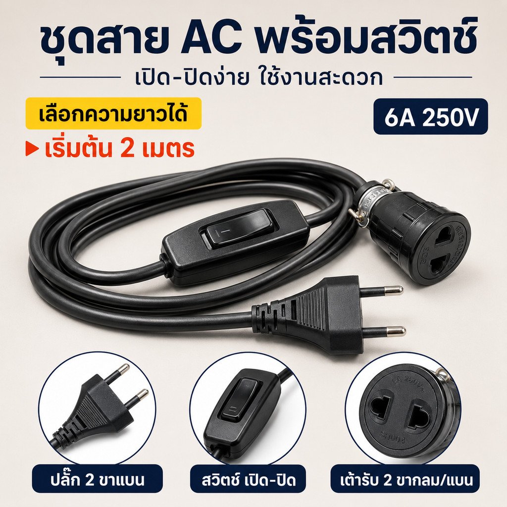 Sokawa (2-10 เมตร) ชุด สวิทส์กลางทาง + สายไฟ VKF สำเร็จรูป พร้อมใช้งาน 6A 250V สายหล่อปลั๊ก – 2 เมตร