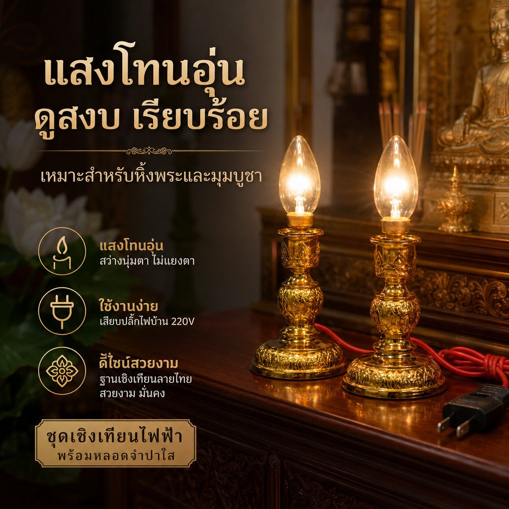 แพ็ค 2 ชิ้น)เชิงเทียนไฟฟ้า 10W B15 พร้อมหลอดจำปาใส สายไฟยาว 1 เมตร ใช้ไฟบ้าน 220V โคมไฟเทียนไฟฟ้า หิ้งพระ ไหว้พระ บูชา - Image 3