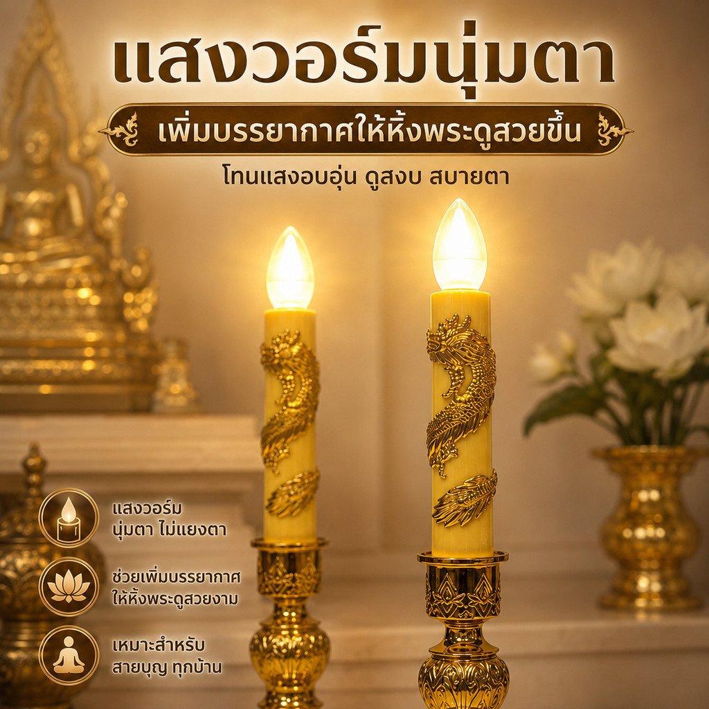 Zeazon (แพ็ค 2 ชิ้น) ชุดเชิงเทียน สีเหลือง + หลอด LED เลือกแสง ส้ม Warm หรือ ขาว เกลียว E12 ไฟตกแต่ง ศาลเจ้า หิ้งพระ – เชิงเทียน + จำปา WW - Image 5