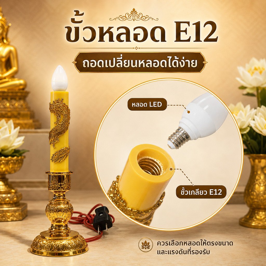 Zeazon (แพ็ค 2 ชิ้น) ชุดเชิงเทียน สีเหลือง + หลอด LED เลือกแสง ส้ม Warm หรือ ขาว เกลียว E12 ไฟตกแต่ง ศาลเจ้า หิ้งพระ – เชิงเทียน + จำปา WW - Image 8
