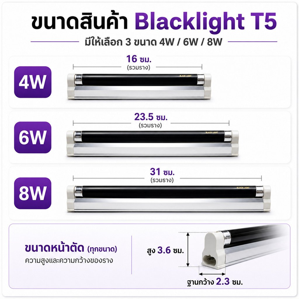 ชุดรางพร้อมหลอด Blacklight T5 ไฟแบล็คไลท์ UV 4W 6W 8W พร้อมสายปลั๊ก 1.5 เมตร ตรวจธนบัตร ตรวจเอกสาร ดูอัญมณี ดักแมลง – ชุด 8W พร้อมสายไฟ - Image 3