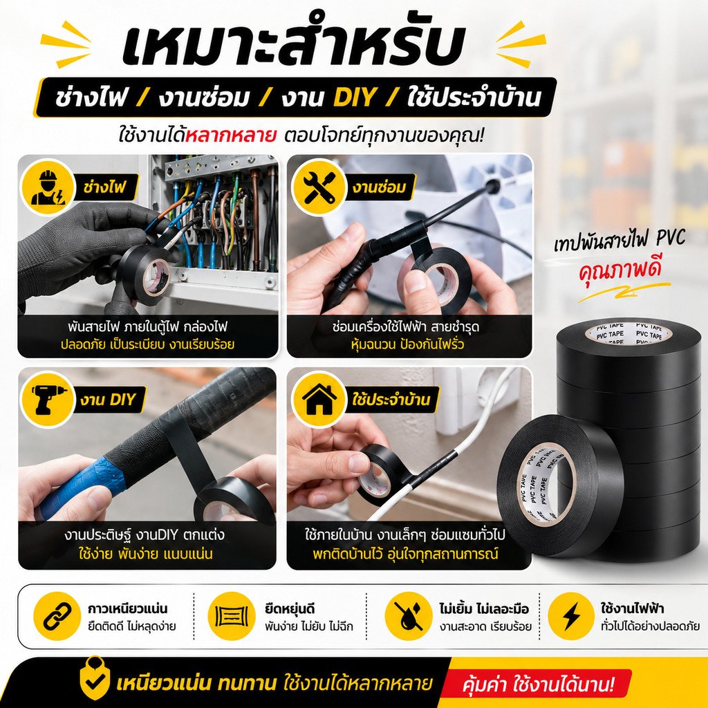 กวาง เทปพันสายไฟ PVC ตรากวาง สีดำ ม้วนใหญ่ 60 หลา 55 เมตร กว้าง 3/4 นิ้ว เทปไฟฟ้า เทปพันสายไฟ ทนแรงดัน 600V - Image 7