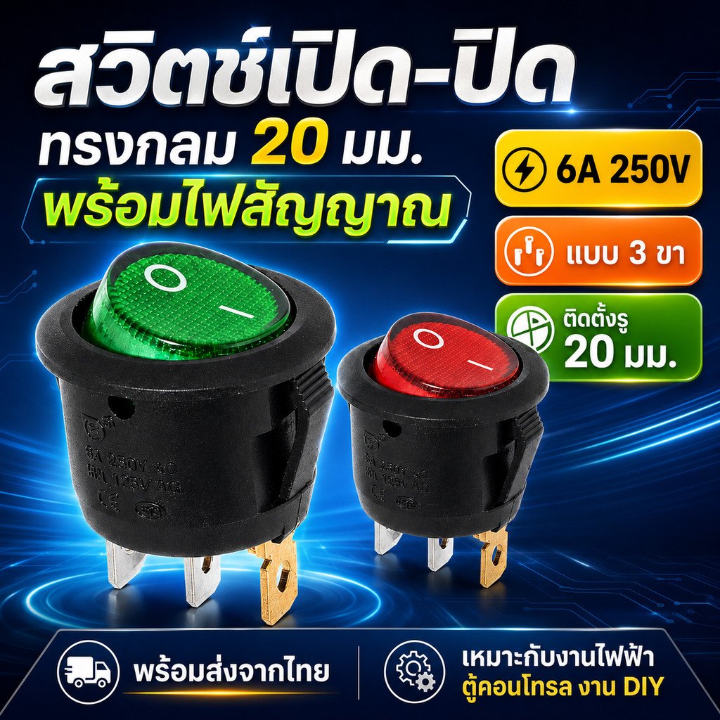 TJR สวิตซ์กระดก ไซส์มินิ กลม 20 มม. 3 ขา รุ่นมีไฟ ขนาด 6A 250V 10A 125V ร็อคเก็ต สวิตซ์ ON-OFF – เขียวมีไฟ-Rocket(G) - Image 2
