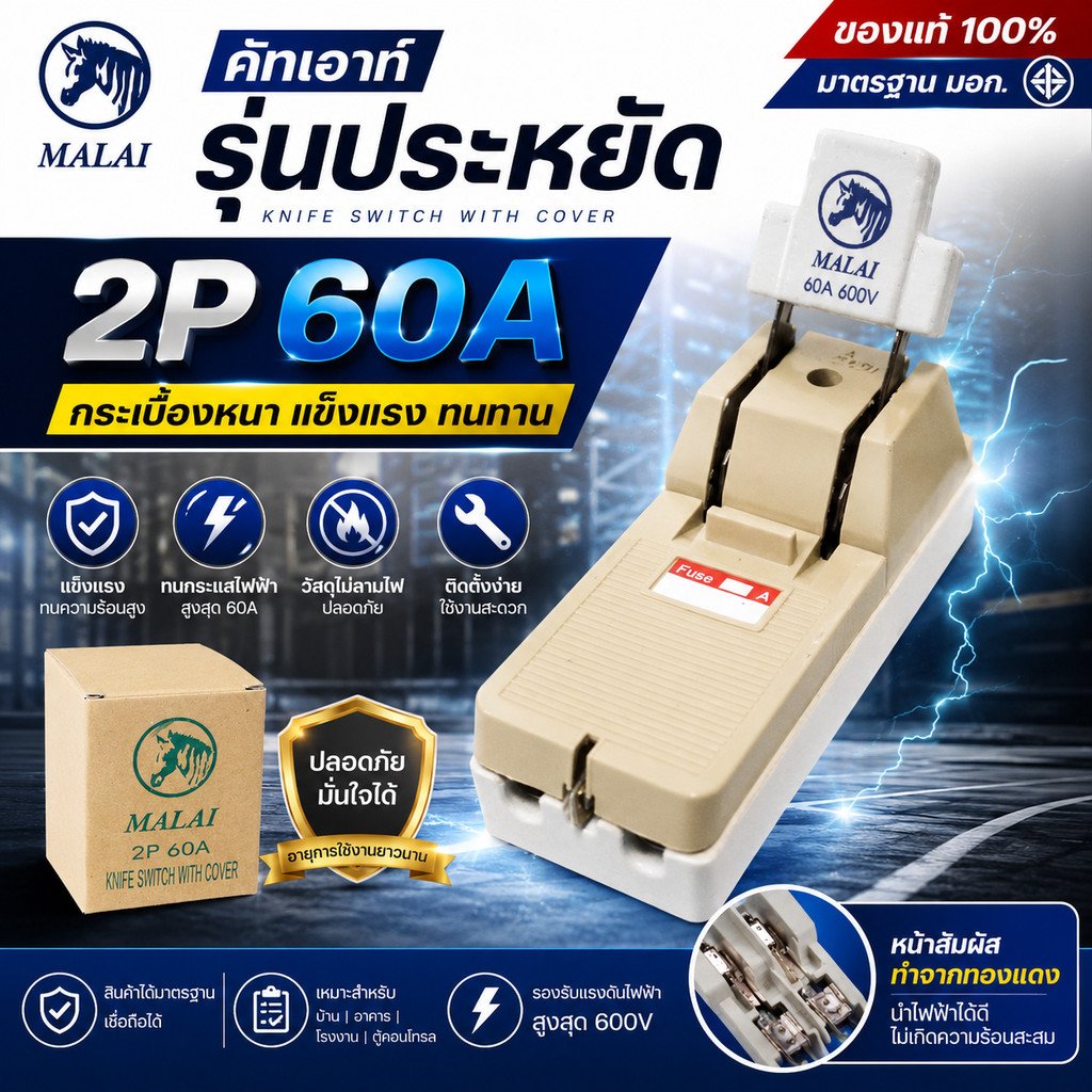 ม้าลาย" MALAI คัทเอาท์ 2P 60A คัทเอาท์ แบบ สับทางเดียว 2P 60A พร้อมฟิวส์ก้ามปู x 2 ตัว) สะพานไฟ - Image 2