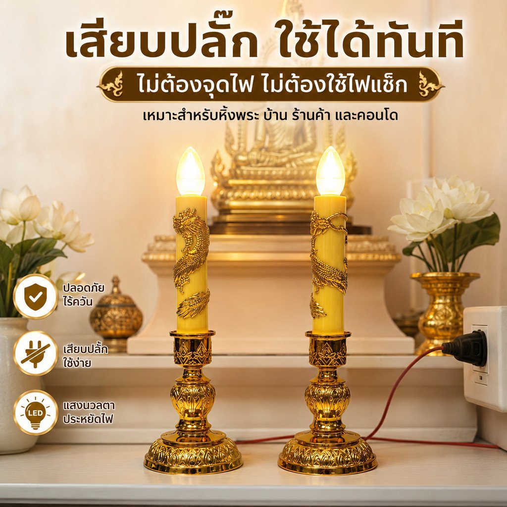 Zeazon (แพ็ค 2 ชิ้น) ชุดเชิงเทียน สีเหลือง + หลอด LED เลือกแสง ส้ม Warm หรือ ขาว เกลียว E12 ไฟตกแต่ง ศาลเจ้า หิ้งพระ – เชิงเทียน + จำปา WW - Image 7