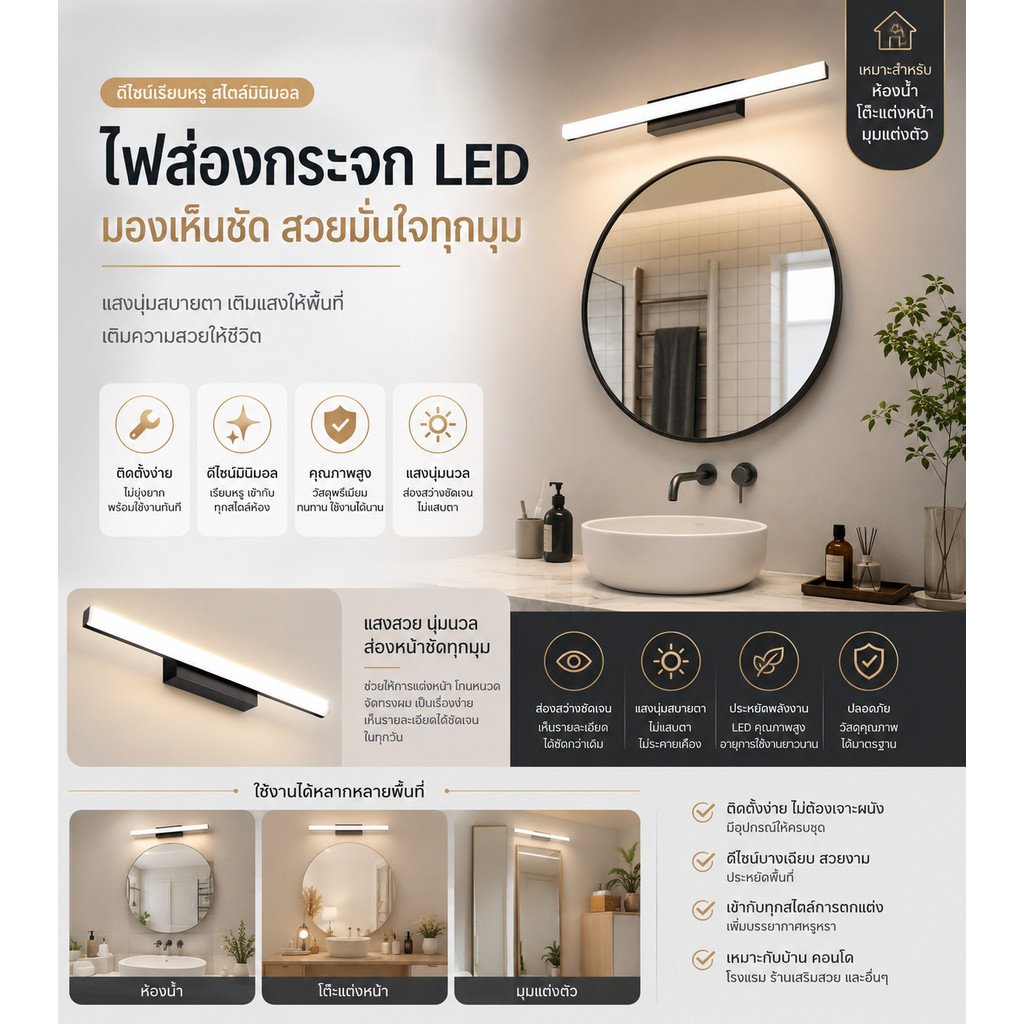 โคมไฟติดผนัง LED Nordic ปรับมุมได้ 330° 30cm เลือกได้ 3แสง แสงขาว ไฟกระจก ห้องน้ำ ห้องนอน Modern Wall Lamp – แสงวอล์ม - Image 3