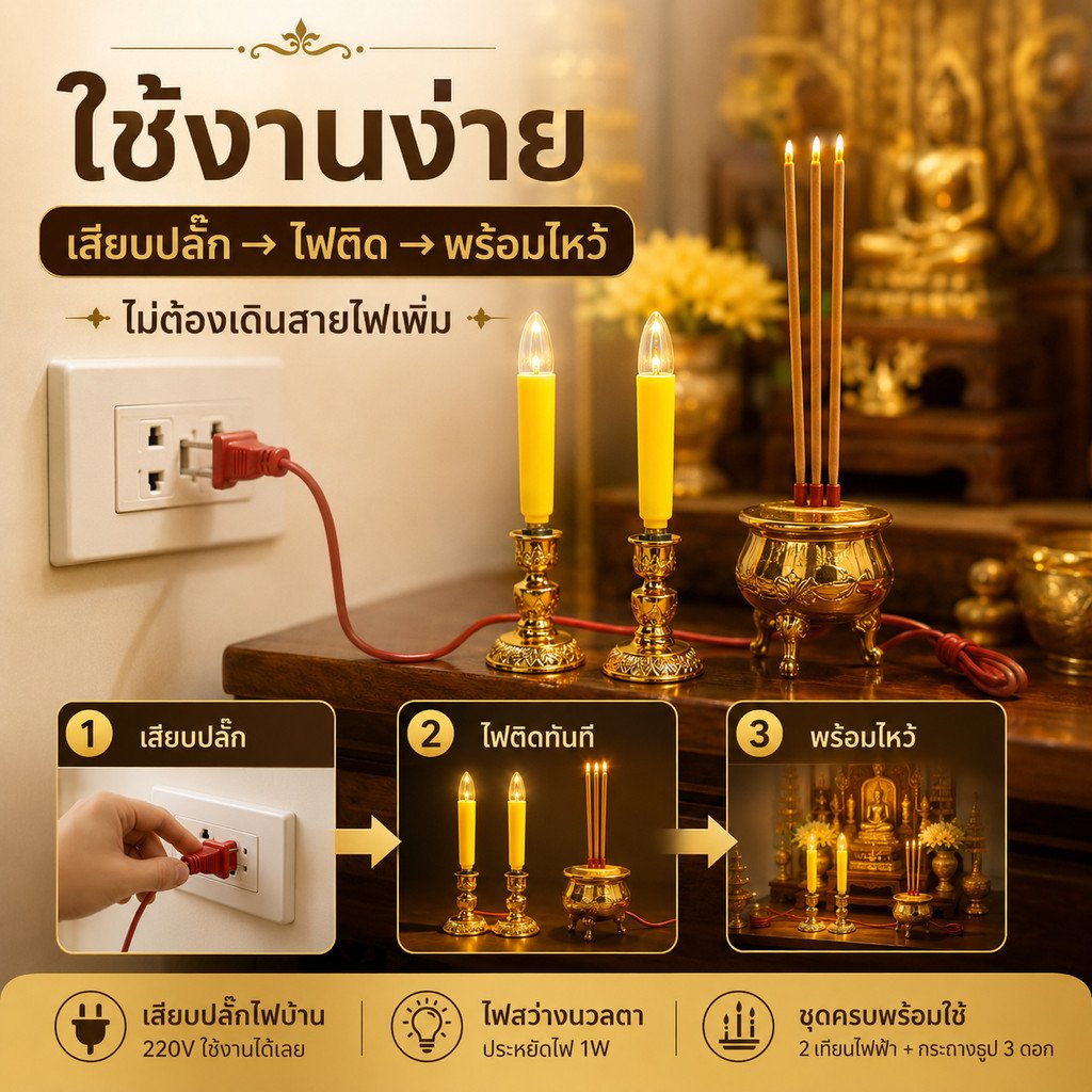 Superlamp (แพ็ค 2 ชิ้น) ชุด เชิงเทียน ไฟฟ้า ขั้วเขี้ยว B15 พร้อม เทียน ยาว เหลือง 15W 220V - Image 6