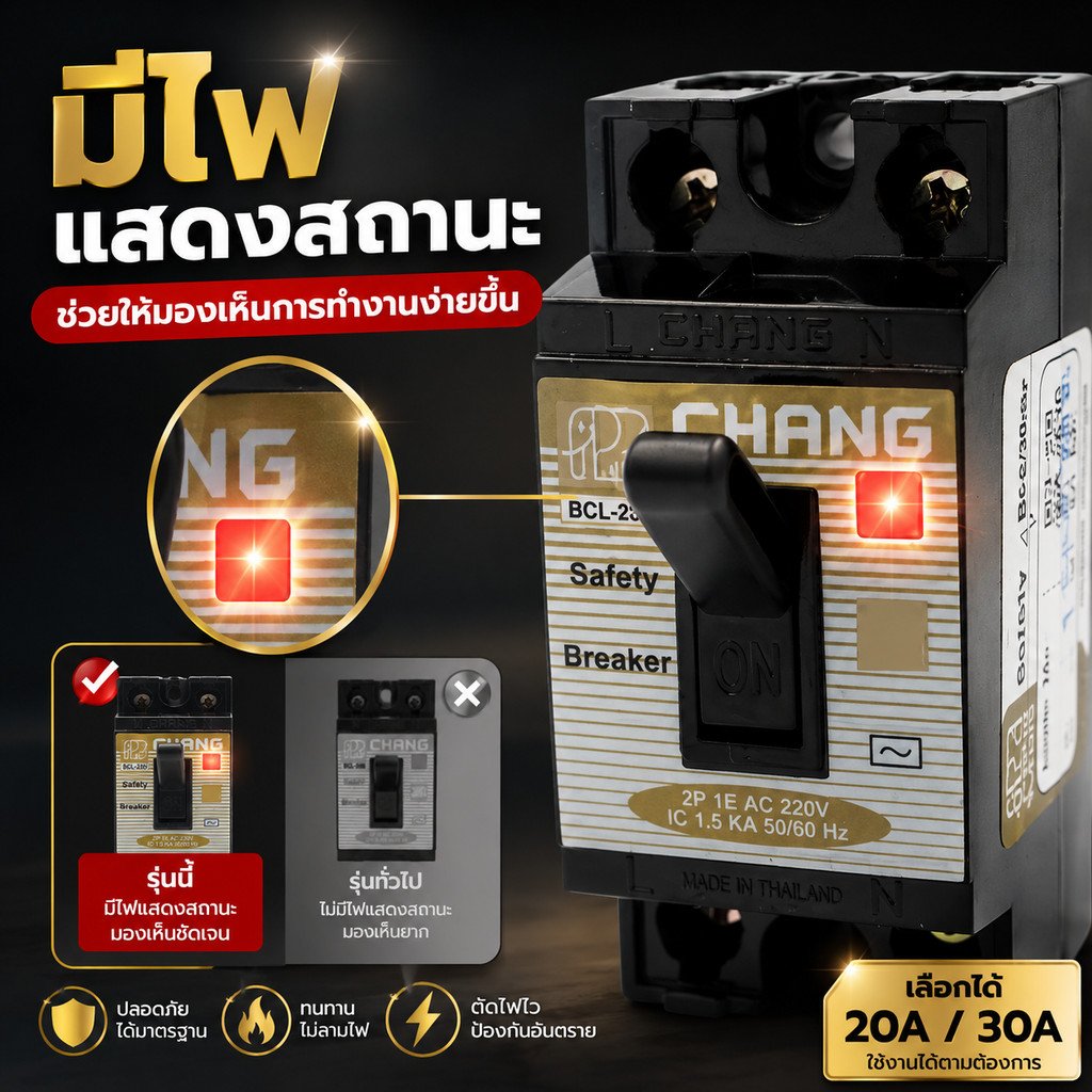 Chang ชุด กล่องเบรกเกอร์ พร้อม เบรกเกอร์มีไฟ สถานะสัญญาณ 2P 20A / 30A มีอุปกรณ์ยึด ติดตั้งง่าย - Image 3