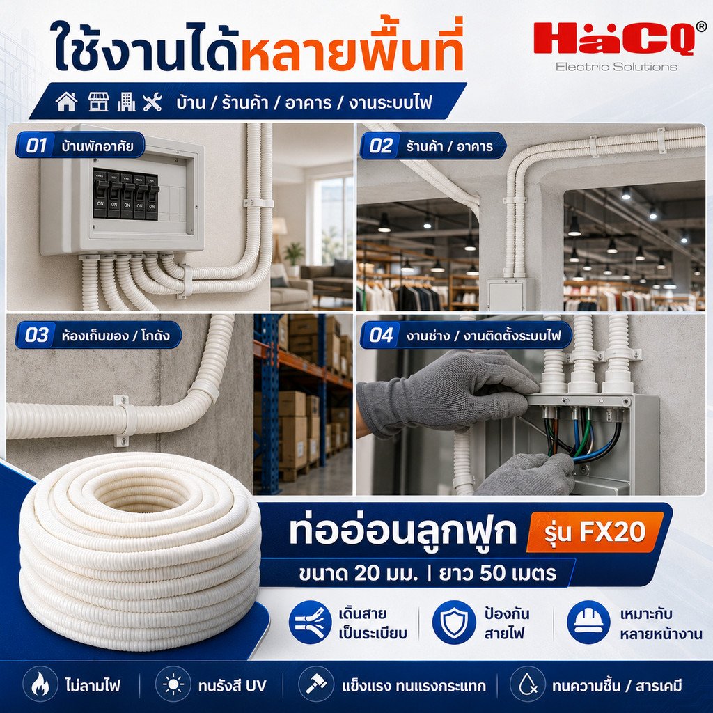 1 เมตร) Haco ท่ออ่อนลูกฟูก 20 มิล 6 หุน พีวีซี ชนิดหนา สำหรับ ร้อยสายไฟ สีขาวสำหรับ งานไฟฟ้า งานโทรศัพท์ - Image 5