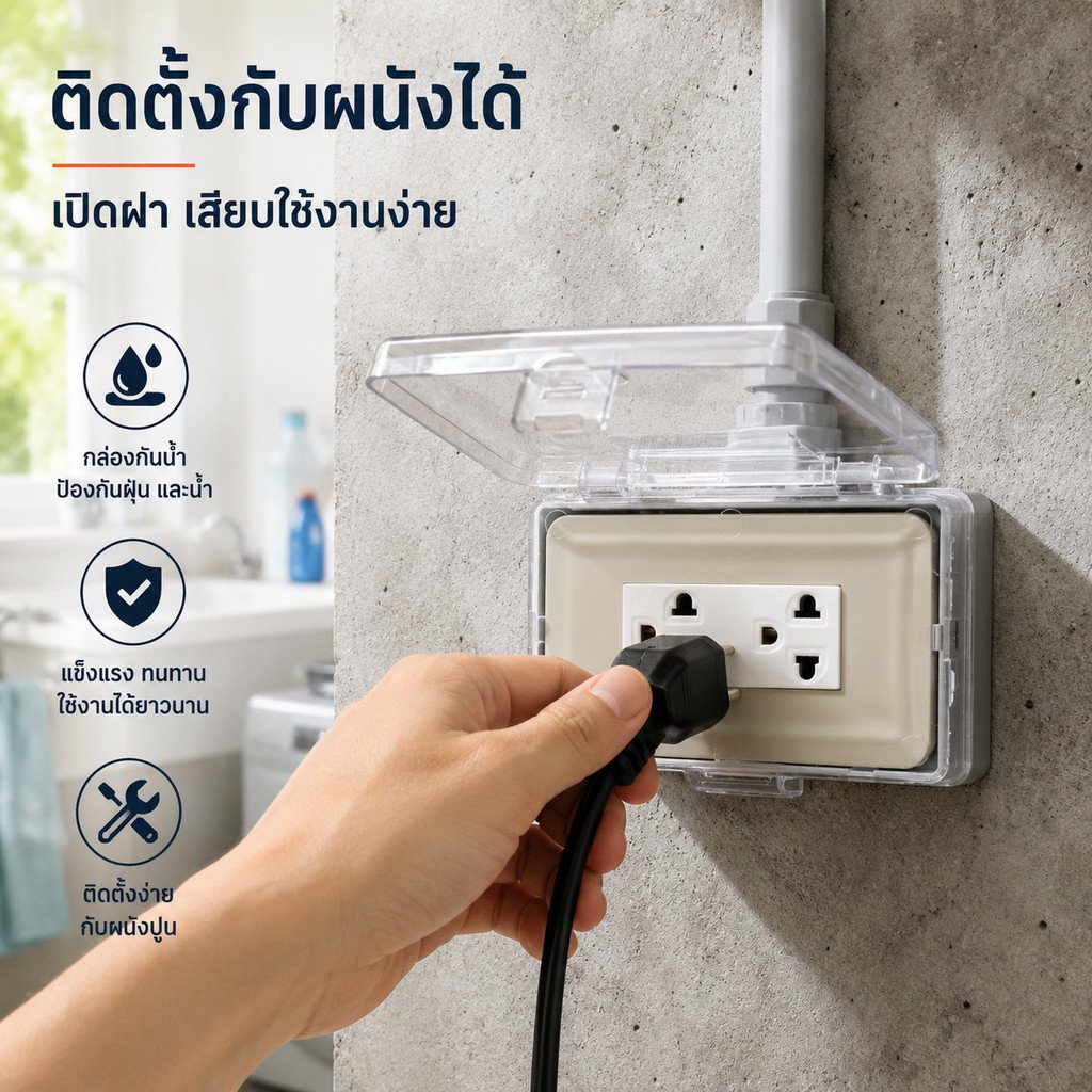 Nasaki ชุด กล่องกันน้ำ ฝาใส พร้อมฝา 2 ช่อง และ ปลั๊กกราวน์คู่ กันฝน กันฝุ่น ใช้งานภายนอกได้ – 1สวิตส์ - Image 3