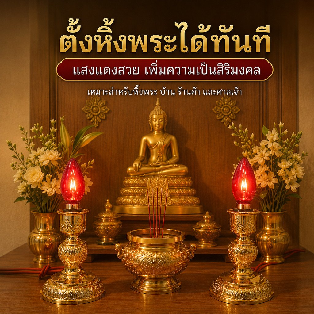 Zeazon ชุด เชิงเทียน ไฟฟ้า พร้อม หลอดจำปา แดง ใส 10W x 2 ดวง สำหรับ ตกแต่งศาลเจ้า หิ้งพระ เสียบปลั - Image 2
