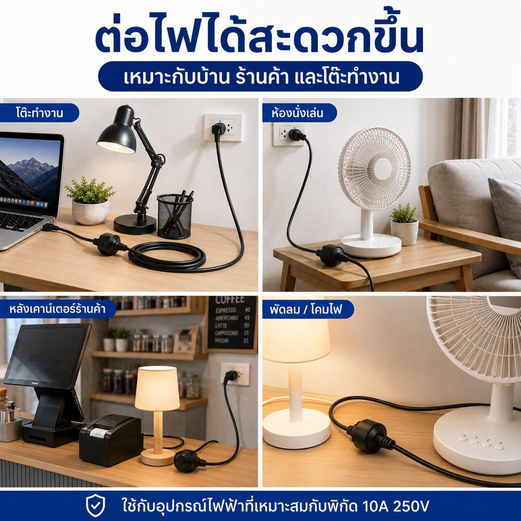 ชุดสายไฟพ่วง เต้ารับ 2 ขา 10A สายยาว 2-10 เมตร VKF 2*0.5 Sqmm ปลั๊กพ่วงไฟบ้าน – 2 เมตร - Image 5