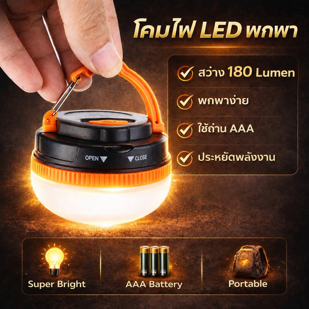 โคมไฟ LED แคมป์ปิ้ง รุ่น LY-YD2 แบบพกพา 180 ลูเมน | ไฟแขวนเต็นท์พร้อมตะขอ ปรับความสว่างได้ 5 ระดับ ใช้ถ่าน AAA 3 ก้อน - Image 2