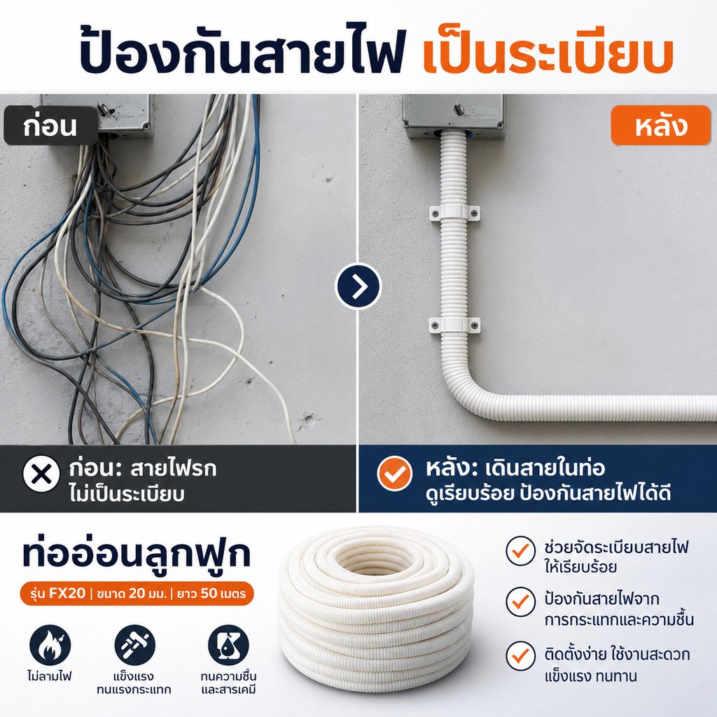 1 เมตร) Haco ท่ออ่อนลูกฟูก 20 มิล 6 หุน พีวีซี ชนิดหนา สำหรับ ร้อยสายไฟ สีขาวสำหรับ งานไฟฟ้า งานโทรศัพท์ - Image 2